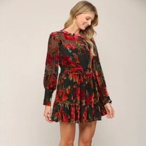 Floral Red Burn Out Velvet Long Sleeve Dress